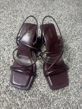 ALDO Burgundy Strappy Square-Toe Heels with Clear Accent